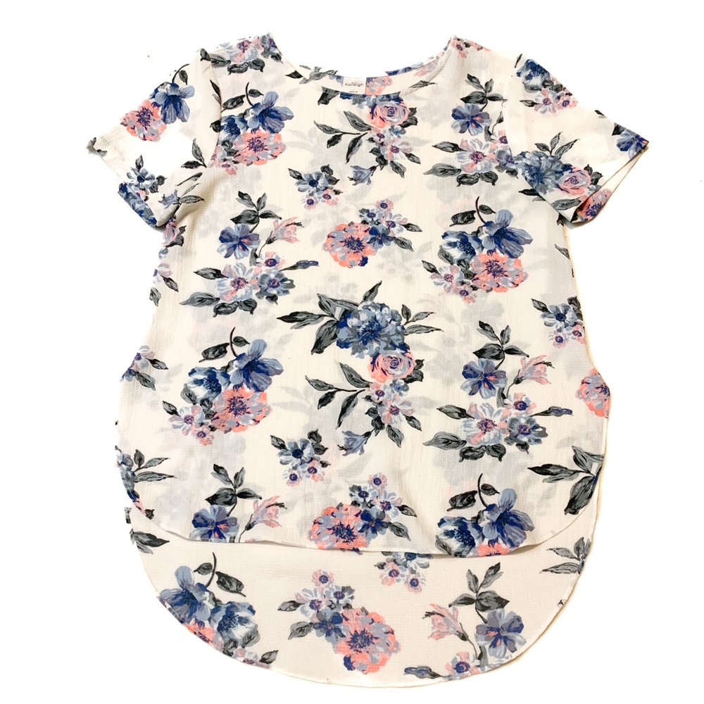 Kaileigh Ivory floral high low short sleeve blouse Large